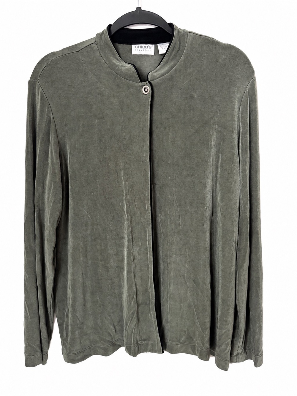 Chico’s Travelers Women’s Olive Green Single Snap Cardigan Jacket Stretch Size 2